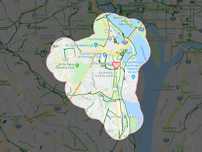 Travel shed map of what is bikeable to National Landing